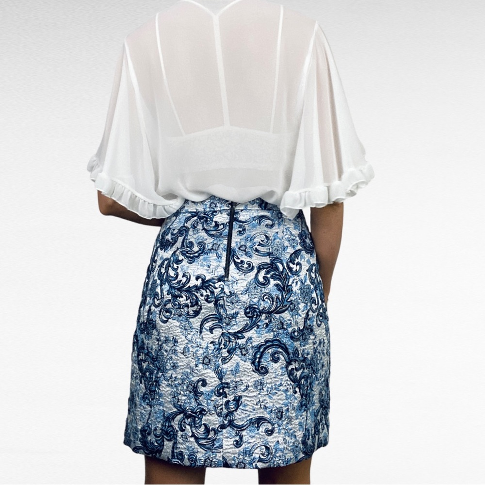 ELIE TAHARI | Metallic Silver Sheen Blue Preppy Mini Barbie Skirt
